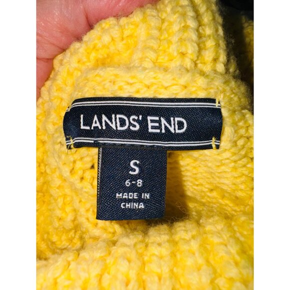 Lands End Yellow Heavy Cable Knit Cowl Neck Sweater Oversized Fisherman Cotton - Picture 7 of 11